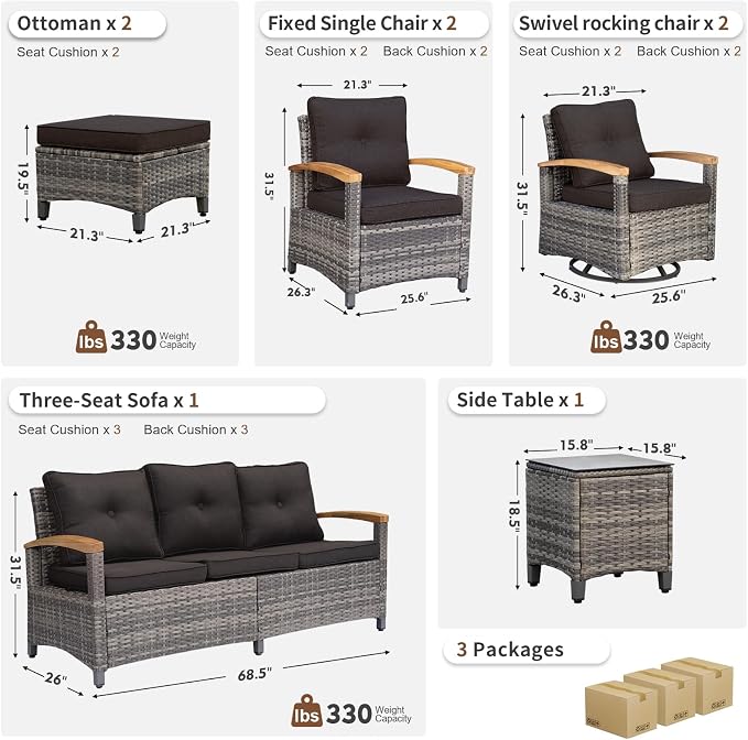 MEISSALIVVE 8 Pieces Outdoor Patio Furniture Sets, Wicker Patio Conversation Sets with 2 Wood Armrests Swivel Glide Chairs,2 Single Chairs, 3-seat Sofa (Black)