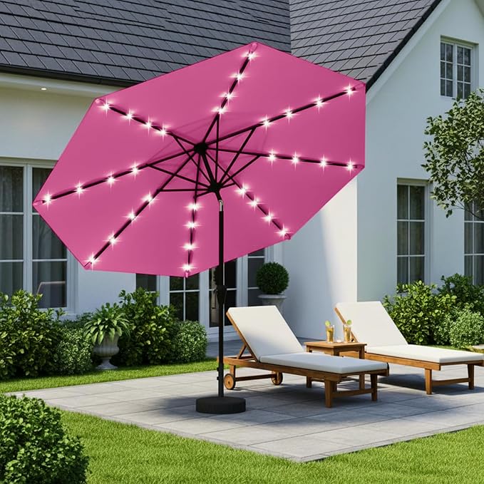 9' Solar LED Patio Umbrella with Tilt & Crank|8 Sturdy Ribs,UV Protection,Outdoor Market Table Umbrella for Deck,Lawn,Pool,Backyard(Rose Pink)