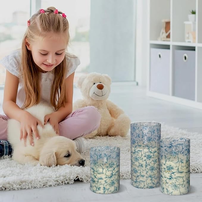 Flickering Flameless Candles, Recessed String Light LED Candles 3D Wick Acrylic Battery Operated LED Pillar Candles with Remote and Timer for Modern Simple Home Decor Set of 3(Blue Twig)
