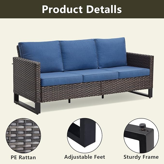 Rilyson Wicker Outdoor Patio Furniture Set - 5 Piece Patio Conversation Set with 2 Swivel Rocker Chairs,2 Rattan Ottoman and 1 Couch for Outside Porch Deck Backyard Garden(Brown/Blue)