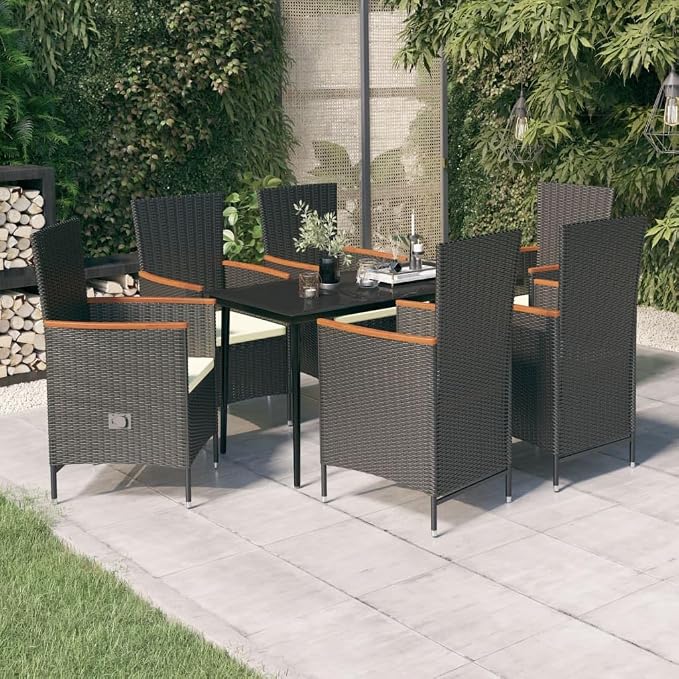 7 Piece Patio Dining Set with Reclining Rattan Chairs, Outdoor Garden Table and 6 Cushioned Seats for Backyard and Deck, Black