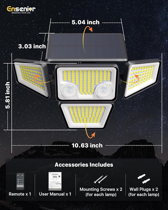 Ensenior Solar Lights Outdoor, Motion Sensor Outdoor Light with Remote Control, IP65 Waterproof 279 LED 4 Heads Solar Security Light with 4 Mode, 270° Wide Angle Solar Flood Light for outdoor, 4 Packs
