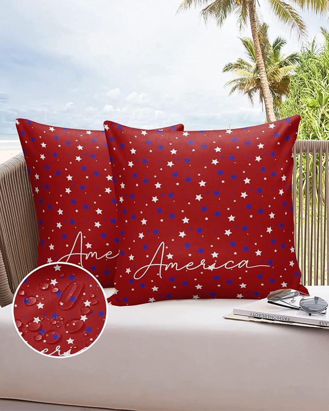 Pentagram Outdoor Pillow Shams Set of 2, Decorative Pillowcases Cushion Case, Soft Throw Pillow Covers Waterproof Pillow Case 16x16 Inch, American Patriotic Stars Red Blue