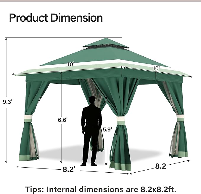 LAUSAINT HOME 10'x10' Outdoor Gazebo, Metal Frame Heavy Duty Patio Canopy Tent Shelter with Double Roofs, Mosquito Nettings and Privacy Screens for Backyard, Garden, Lawn, Forest Green