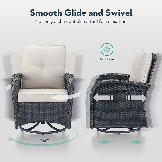 Outdoor Swivel Glider Rocker Chairs - 3 Piece Patio Furniture Set, Patio Bistro Sets with Tempered Glass Side Table, for Balcony, Porch - Black Wicker Beige Cushion