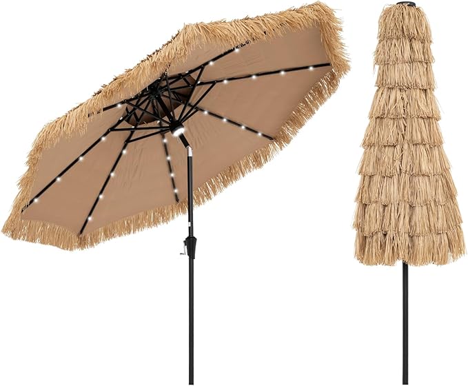 HAPPYGRILL 8.8 FT Hawaiian Style Umbrella with Lights, Outdoor Thatched Patio Tiki Umbrella with 8 Ribs, Manual Crank, 35° Tilt, for Beach, Backyard, Poolside