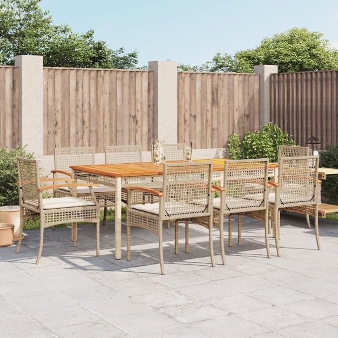 9 Piece Patio Dining Set with Cushions Beige Poly Rattan Outdoor Rattan Wicker Furniture Set for Garden Backyard Acacia Wood Table and 8 Chairs