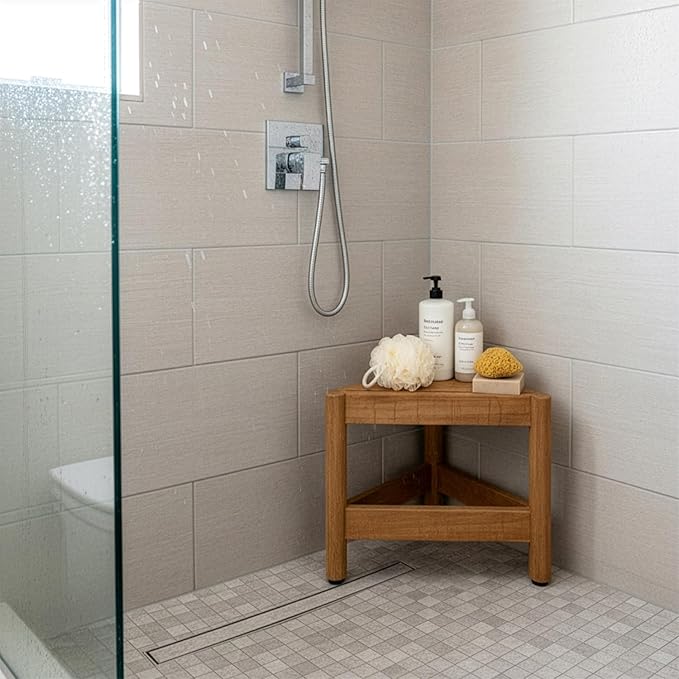 Asta Select Solid Teak Corner Shower/Bath/Outdoor Corner Foot Stool, Teak Wood Shaving Foot Rest, Teak Wood Shower Corner Table, Teak Accent Table, ST-50