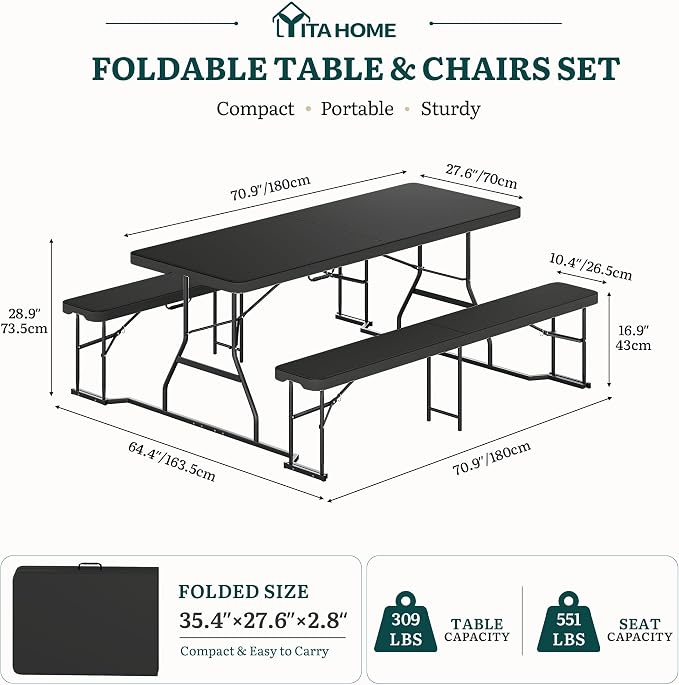 YITAHOME 6ft Folding Picnic Table with Benches, Heavy Duty Iron Frame & HDPE Plastic Table Set, Portable Outdoor Folding Table with Center Lock for Backyard, Park, Camping, Beach, Black