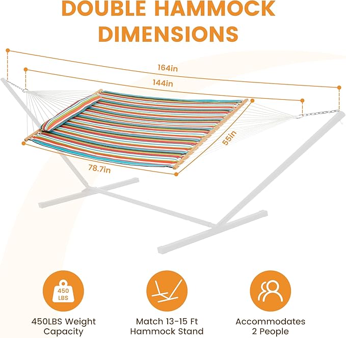 Lazy Daze Hammocks 12 FT Quilted Fabric Double Hammock with Spreader Bars and Detachable Pillow, 450lbs Weight Capacity, Bright Stripe