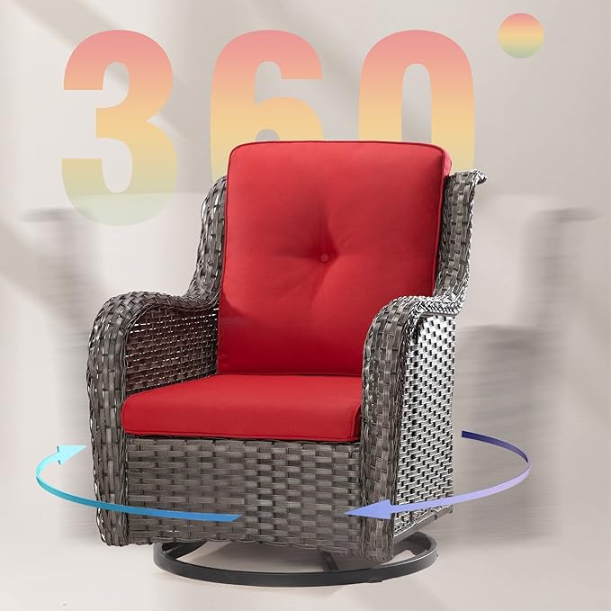 Outdoor Swivel Rocker Wicker Chair, High Back Swivel Patio Chair with OIefin Cushions (Mixed Grey/Red)