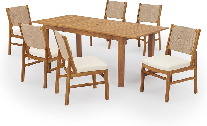 Merax Outdoor Acacia Wood Dining Set of 7, Patio 78.75" Large Expandable Dining Table with Umbrella Hole, 6 Dining Chairs with Wicker Back and Cushions for Deck, Yard, Porch,Cream+Teak