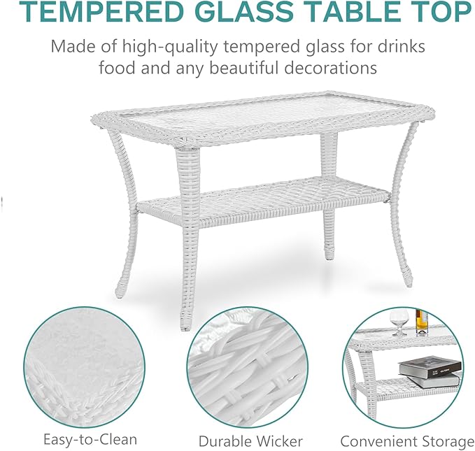 MEETWARM 5 Pieces Outdoor Patio Rattan Furniture Sets, All Weather Patio Wicker Conversation Set - 2 Rocking Swivel Chairs 1 Rattan Loveseat Glider with Cushions, 2 Coffee Table, White Wicker/Beige