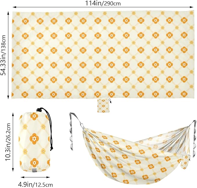 Camping Hammock Outdoor Hammocks for Outside Yellow Floral Lattice Beach Trees Portable Lightweight with Pockets Tree Straps Indoor