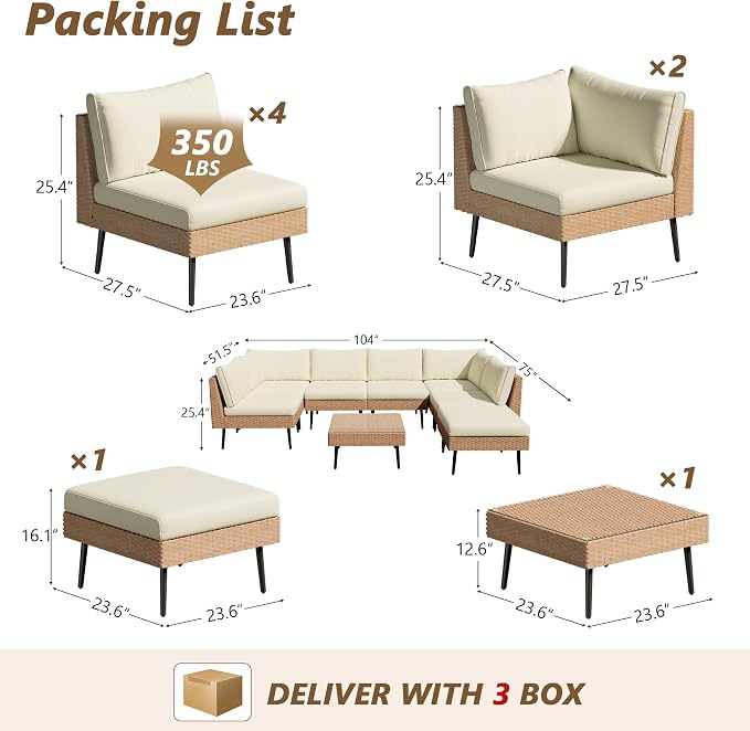 8-Piece Wicker Outdoor sectional Patio Furniture Set with Durable Dense PE Rattan, Conversation Patio Furniture with Washable Thick Cushions for Garden, Backyard, Poolside