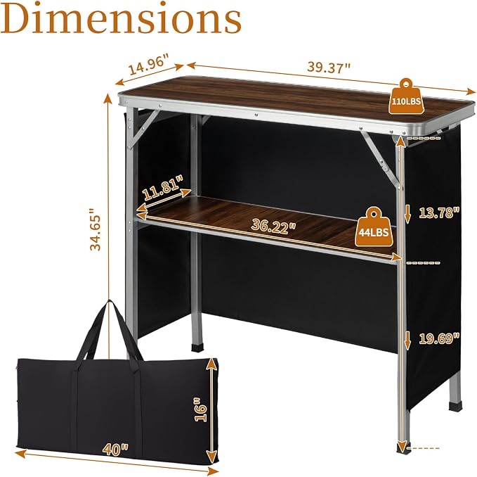 Portable Outdoor Bar Table - Folding Camping Table 2-Tier Shelves with Carrying Case, Storage Shelf & Black Skirt, Tradeshow Podium Table for Events, Camping, Party, Picnic, Exhibition - Brown
