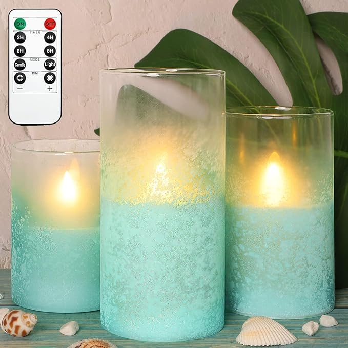 Blue Flameless Candles with Remote Aqua Glass Handmade Sandblast Battery Operated Candles Flickering Decorative LED Pillar Candles for Home Bathroom Coastal Theme Wedding Decorations