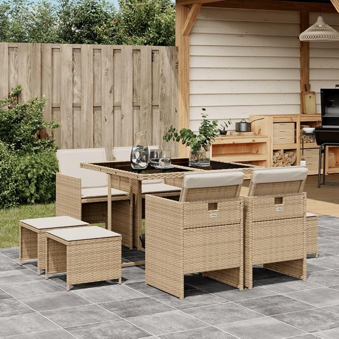 9 Piece Patio Dining Set with Cushions Beige Poly Rattan Outdoor Table and Chairs for Garden Backyard Deck, Folding Space-Saving Seats with Tempered Glass Top, Removable Washable Cushion Covers