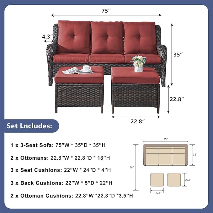 Rilyson 3 Piece Wicker Patio Furniture Set - Outdoor Rattan Patio Comversation Set with 1 Sofa and 2 Ottomans for Outside Porch Deck Garden(Brown/Red)
