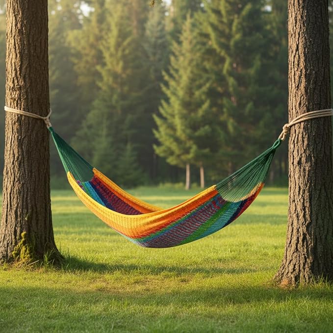 HomeRoots 670965 1 x 156 x 90 in. Green Red & Yellow Striped Double Hammock