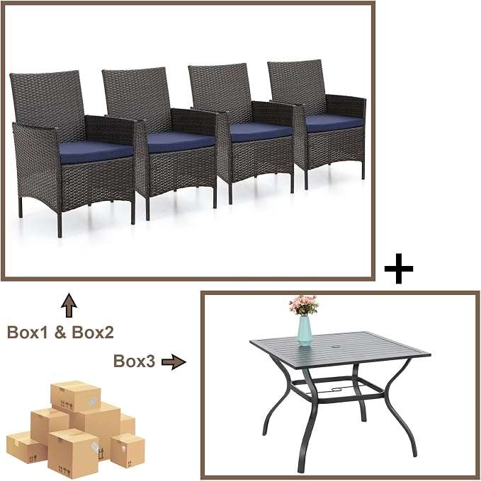 Sophia & William Patio Table and Chairs Set for 4, 5 Pieces Outdoor Dining Set, Square Metal Outdoor Table and Rattan Chairs with 1.57" Umbrella Hole, Seat Cushions