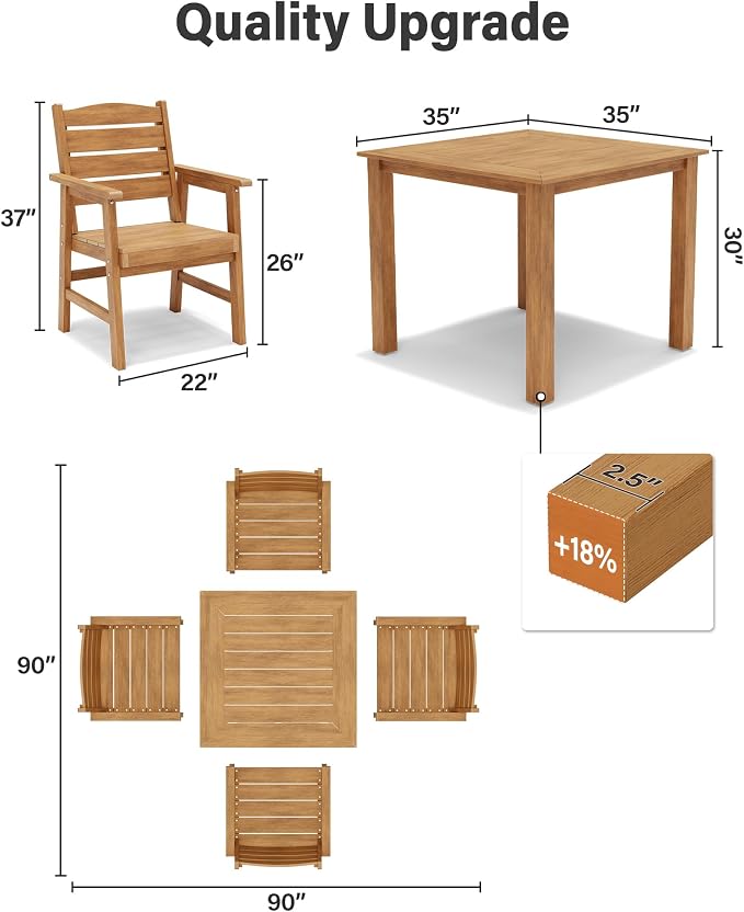 YEFU HIPS Patio Dining Sets:3-Piece All-Weather Outdoor Dining Table and Chairs Square Dining Table Set for 2 - Easy Assembly Outdoor Furniture Set for Lawn Deck Backyard Poolside（Teak）