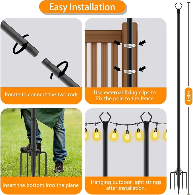 6 Pack 10 FT String Light Poles,Metal with Fork Lights Poles for Outdoor String Light, Rustproof Heavy Duty for Outside Garden,Patio,Wedding,Backyard,Deck,Party