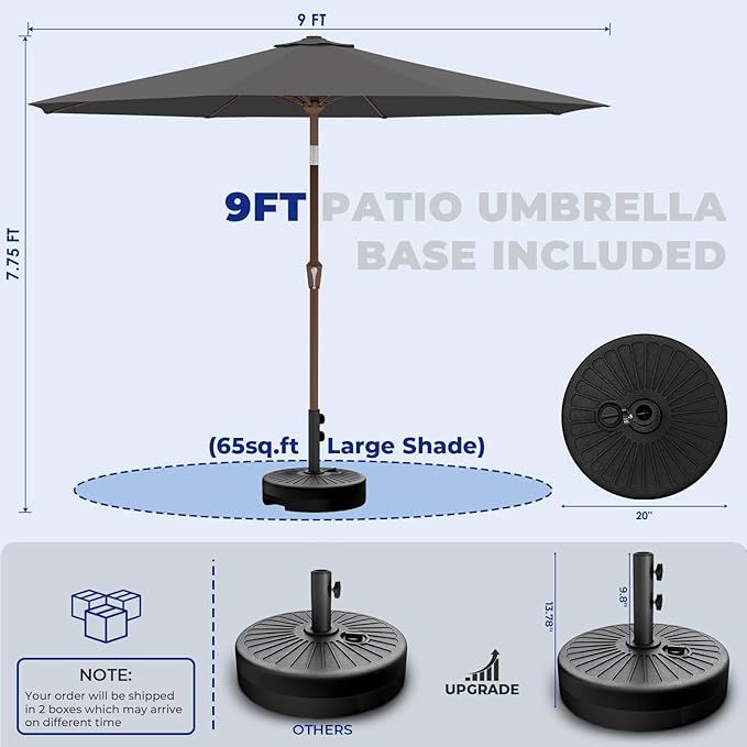 BRIOPAWS 9FT Patio Umbrella with Base Included | Outdoor Table Umbrellas | Push Button Tilt & Crank | 8 Sturdy Fiberglass Ribs | Waterproof | Heavy Duty for Garden Lawn DeckBackyard & Pool