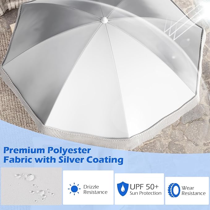 6.5 FT Outdoor Fringe Umbrella, UV 50+ Protection Boho Umbrella with Sand Anchor, Tilt Sun Shelter& 8 Ribs, Portable Beach Umbrella with Carry Bag, Vintage Patio Umbrella for Deck Poolside