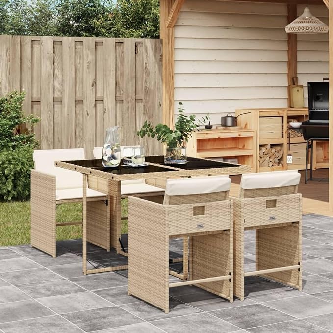 5 Piece Patio Dining Set with Cushions Beige Poly Rattan Outdoor Table and 4 Folding Chairs for Garden Backyard Relaxation with Tempered Glass Top Space-Saving Design
