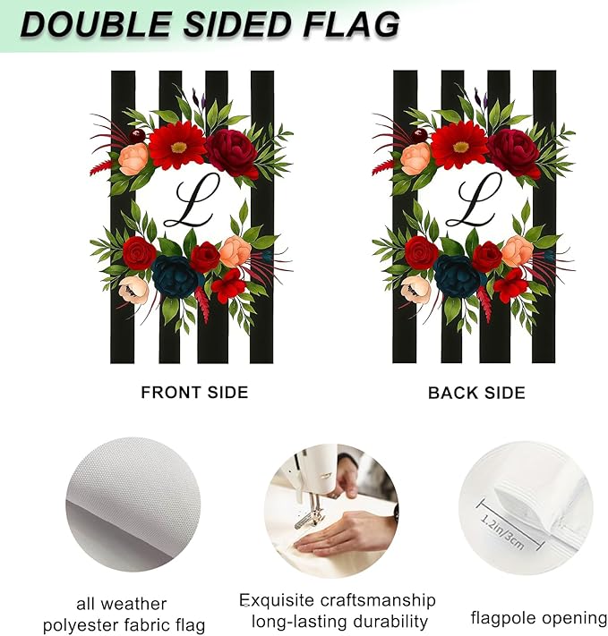 IVN Spring Floral Garden Flag With Mixed Flowers Letter L And Black And White Stripes Flower Circle Garden Flag Double Sided 12x18 Inch Vertical Farmhouse Yard Outdoor Decoration