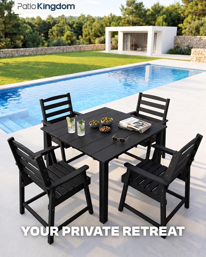 HDPE Outdoor Dining Set for 4, Armchairs, Black | All-Weather HDPE, Wood Grain Finish, 42.5" Square Table, Built-In Umbrella Hole, Seats 4, Patio & Poolside Ready