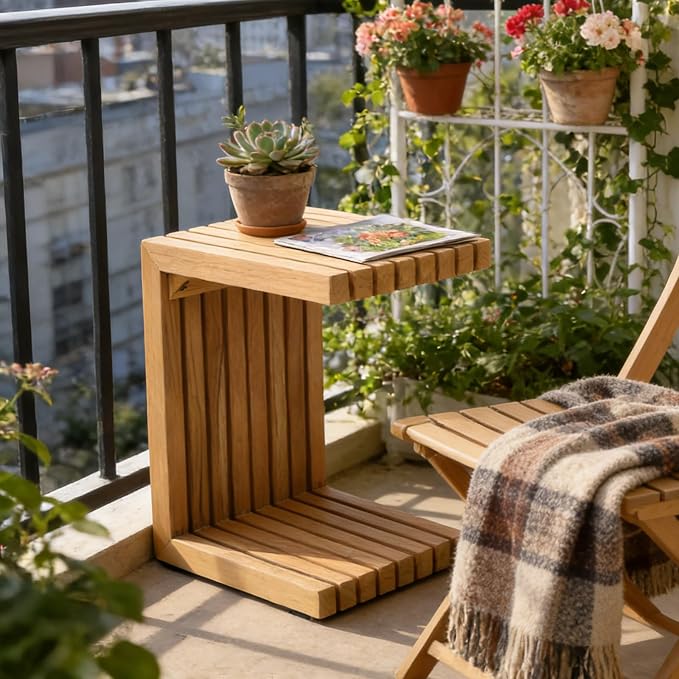 OTSUN Outdoor Side Table, Teak Wood Weather Resistant with Slatted Design Multi Purpose for Patio Balcony Backyard Garden