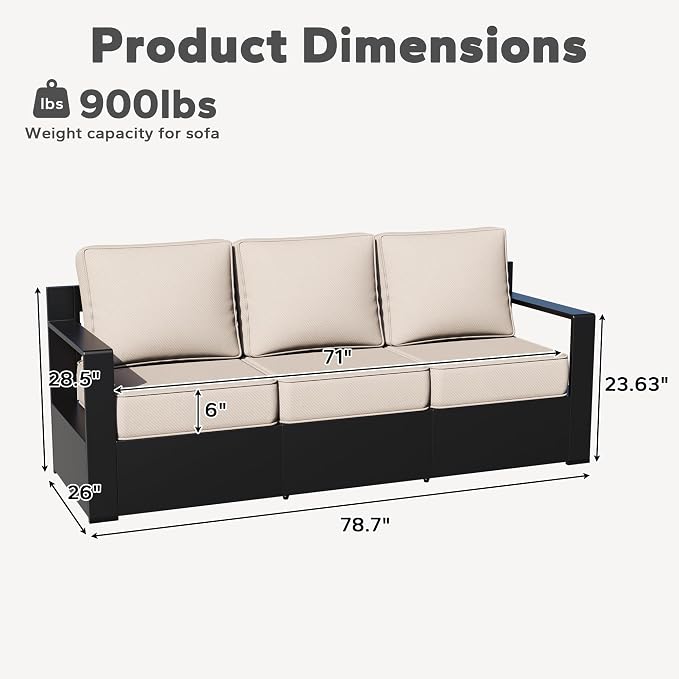 Aluminum Patio Sofa - 3-Seater Outdoor Couch with 6" Thick Removable Cushions, All-Weather Metal Frame, Deep Setting for Garden, Poolside and Porch