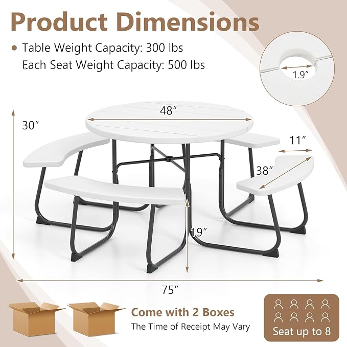 COSTWAY Round Picnic Table with Umbrella Hole, Outdoor Picnic Table with Bench Set for 4-8 People, HDPE Tabletop, Patio Dining Furniture Set for Family Gatherings, BBQ Party, Backyard (White)