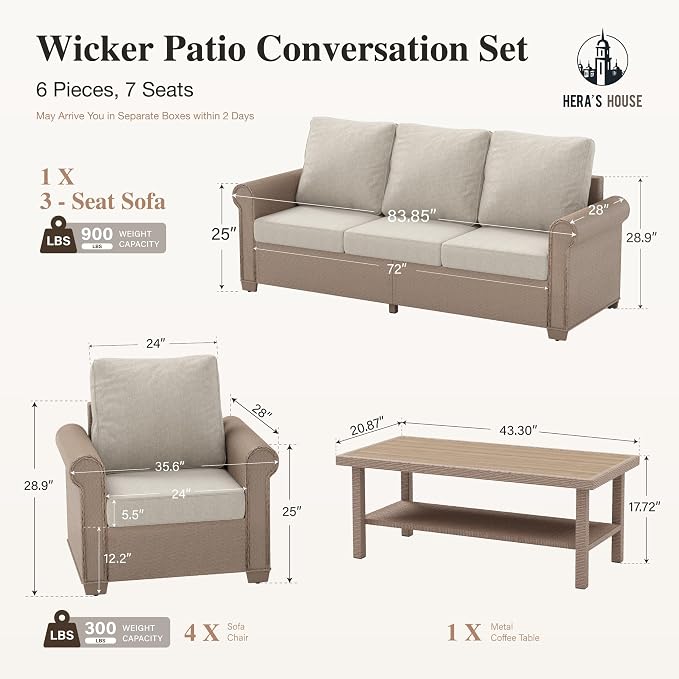 HERA'S HOUSE Patio Furniture Set, 4 x Cushioned Chairs, 3-Seat Sofa with Wood Grain Coffee Table, 5 Seats Luxury Windsor Style All Weahter Outdoor Sofa Conversation Set for Deck Lawn Backyard
