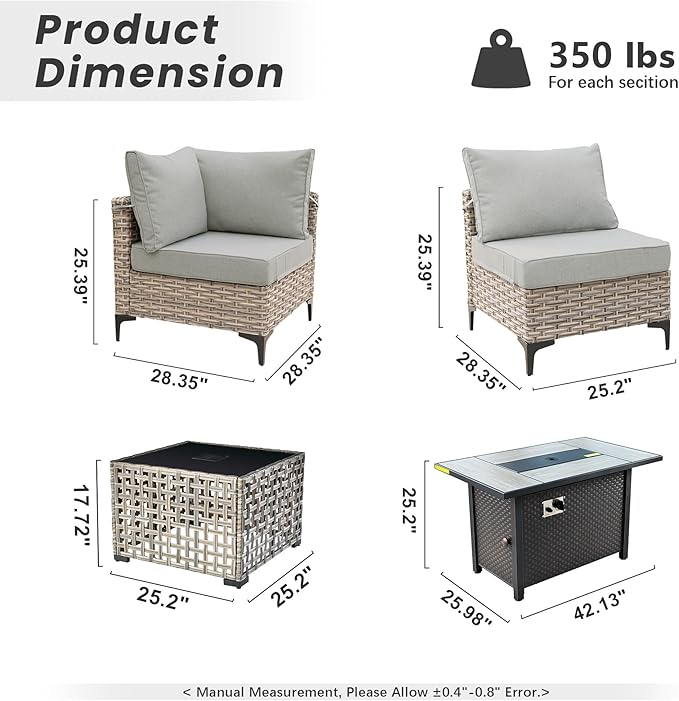 Outdoor Patio Furniture Sets,6 PCS Patio Conversation Set Outside Rattan Sectional Sofa with 42 in Fire Pit Table&Coffee Table Fit Backyard Porch Garden Poolside Balcony