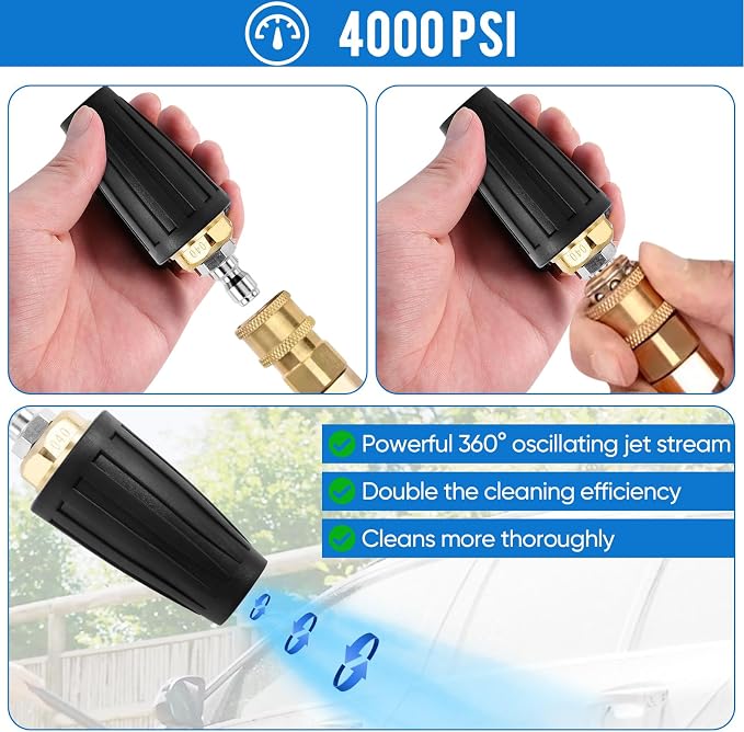 Turbo Nozzle Pressure Washer Tips, Durable Ceramic Core, 360° Rotating Pressure Washer Turbo Nozzle 4000 PSI with 1/4'' Quick Connect, 4.0 GPM, 4.0 Orifice, Hot- or Cold-Water Use