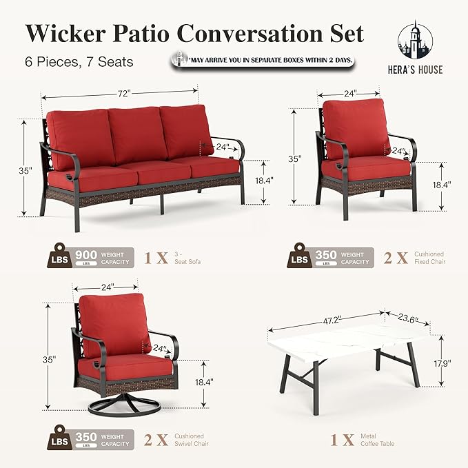 HERA'S HOUSE 6 Piece Metal Patio Furniture Set, All Weather Outdoor Conversation Set with 3-Seat Sofa, 2 Swivel Chairs, 2 Fixed Chairs & Coffee Table, 7 Seats for Backyard, Garden, Deck, Red