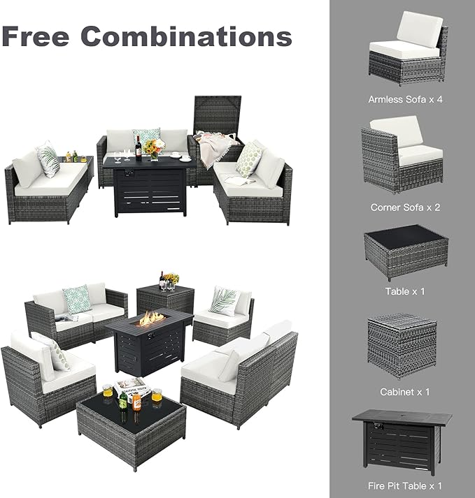 Tangkula 9 Pieces Patio Rattan Furniture Set, Patiojoy Sectional Sofa Set w/Storage Box, Coffee Table, Outdoor Wicker Conversation Set w/ 42” ETL Approved Propane Fire Pit Table (White)