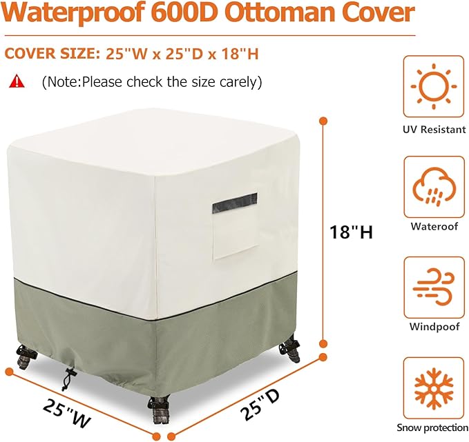 Waterproof Outdoor Ottoman Cover Square,600D Heavy Duty Patio Small Side Table Cover,Patio Furniture Covers for End Table 25" W x 25" D x 18" H,Beige