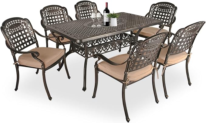 TITIMO 7-Piece Outdoor Furniture Dining Set, All-Weather Cast Aluminum Conversation Set Includes 1 Rectangular Table and 6 Chairs with Khaki Cushions and Umbrella Hole for Patio Garden Deck