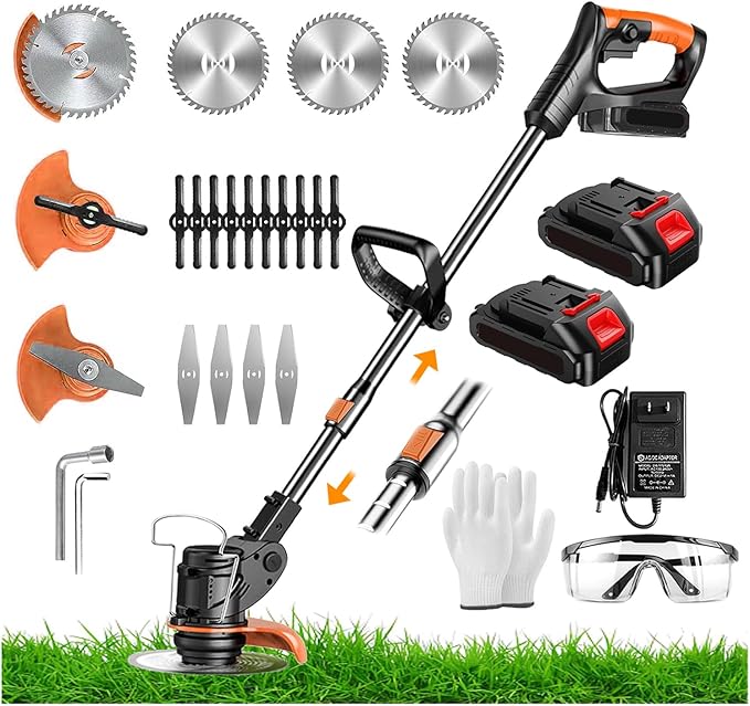 Electric Weed Wacker 21V Brush Cutters Battery Powered 3 in 1 Lightweight Weed Wacker Eater with Blade Adjustable Pole Cordless Grass Trimmer with 2 * 2.0Ah Batteries and Charger for Garden Yard Black