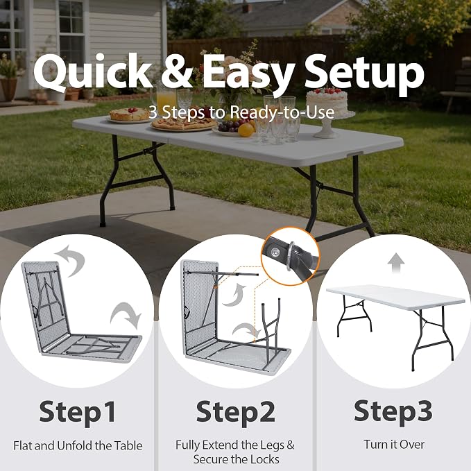 ZenStyle Indoor Outdoor 8ft Heavy Duty Folding Table - Portable Plastic Top w/Steel Legs & Handle for Camping, Picnics, Dining, Parties (White)