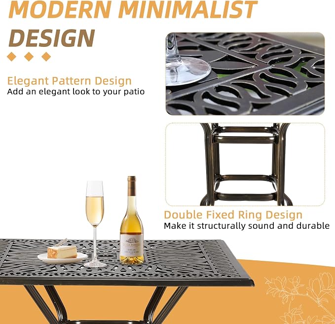 Cast Aluminum Patio Bar Table, 35.4" Outdoor Bar Height Bistro Table with 2.2" Umbrella Hole, Patio Bistro Square High Top Dining Table Pub Table for Porch Balcony Backyard, Dark Bronze