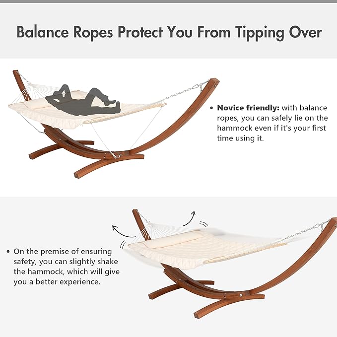 ANOW Heavy Duty Curved Wood Arc Stand with 2 Person Rope Hammock, 13.5FT Larch Wood Stand with 2 Chains, 4 Balance Ropes and 4 Carabiners, Includes Cream Hammock with Spreader Bars