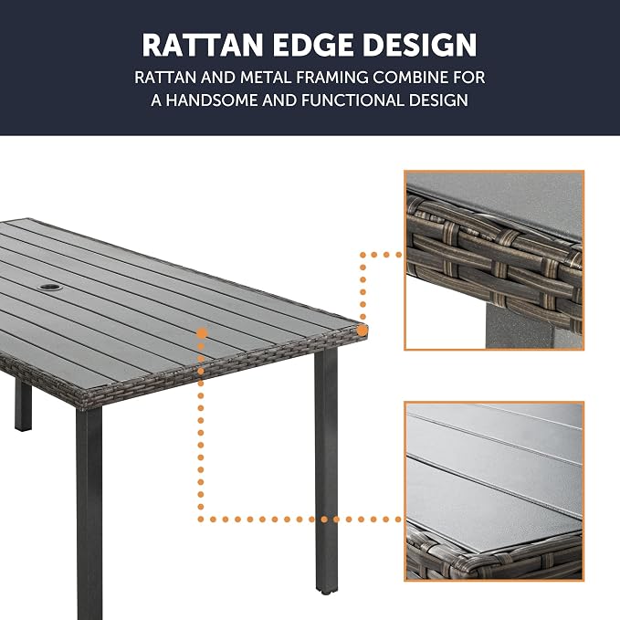 HAPPATIO Patio-Dining-Table-Outdoor-Furniture for 6, Patio Furniture Size 60 x 35 x 28.5, with Umbrella Hole Dia 2"