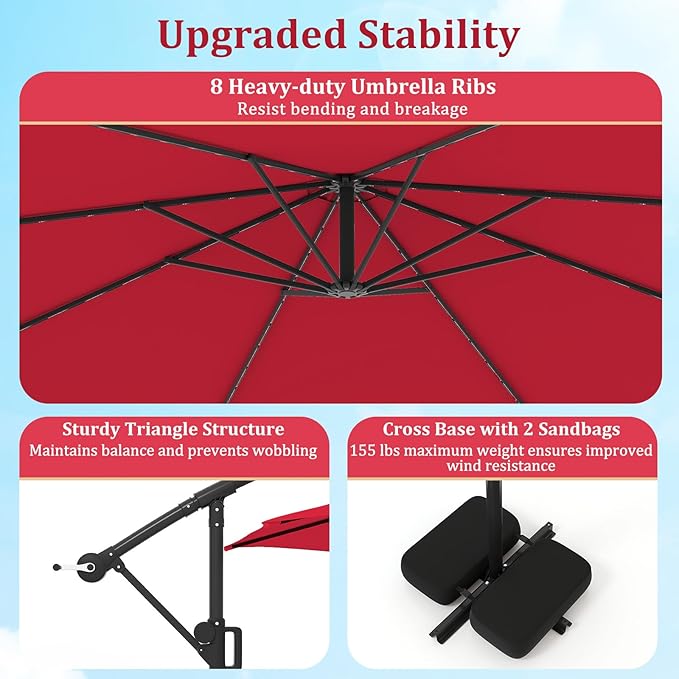 HAPPYGRILL 10 FT Offset Hanging Umbrella with Multi-Colored Flowing LED Lights, 9 Light Modes, Outdoor Patio Cantilever Umbrella with Base, Easy Tilt, 360° Rotation, Crank