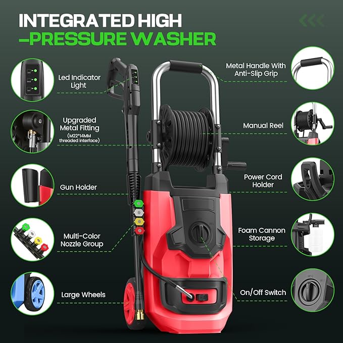 2026 New Pressure Washer 5000 PSI with 3 Levels Adjustable Pressure Gun, Portable Pull-Handle, 4 Nozzles and Foam Cannon, Heavy Duty Power Washer for Home/Car/Fence/Garden, Red