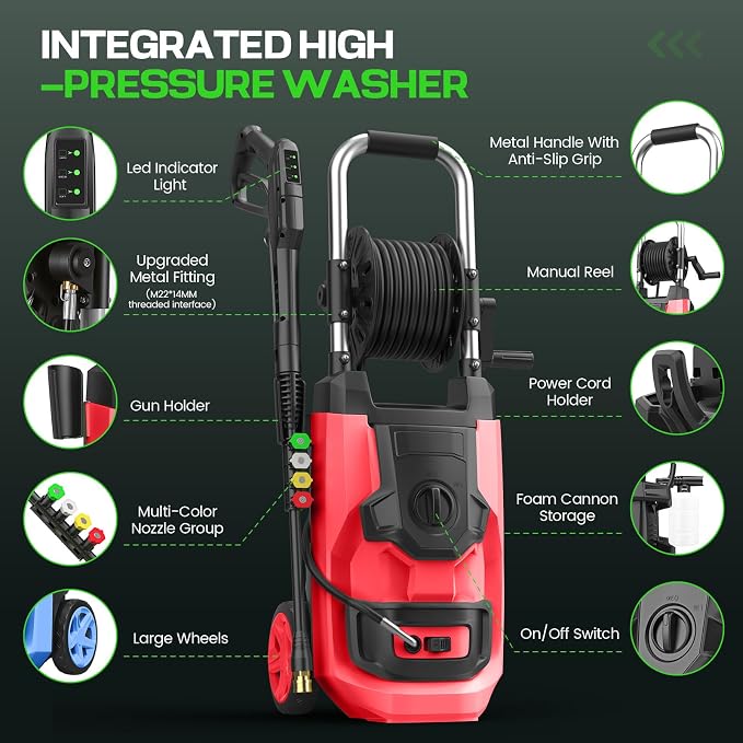 Electric Pressure Washer 5000 PSI Adjustable Pressure, Power Washer Electric Powered with 33ft Pressure Hose, 4 Nozzles and 500ml Foam Cannon, Powerwashers for Home, Red